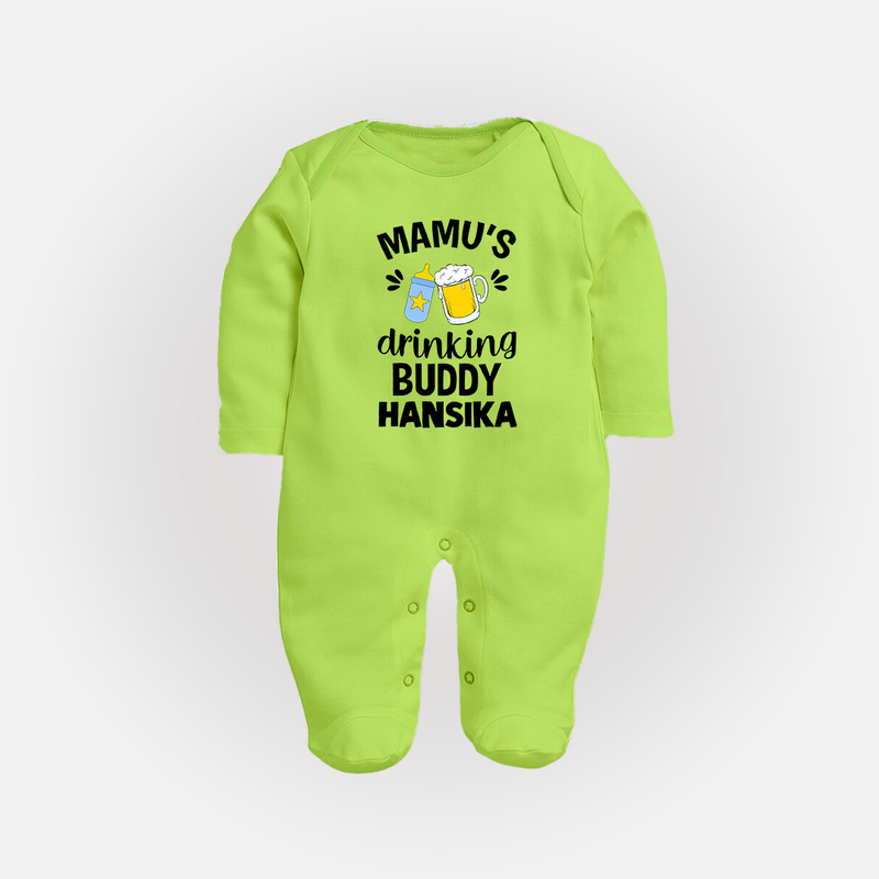 Mamu's Drinking Buddy Sleep Suit / Full Sleeve Body Suit | Personalized Baby Sleep Suit / Full Sleeve Body Suit for Mamu's Sidekick - LIME GREEN - New Born (Chest 7.5")