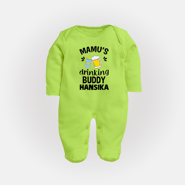 Mamu's Drinking Buddy Sleep Suit / Full Sleeve Body Suit | Personalized Baby Sleep Suit / Full Sleeve Body Suit for Mamu's Sidekick - LIME GREEN - New Born (Chest 7.5")