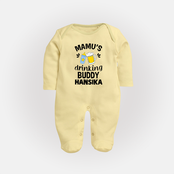 Mamu's Drinking Buddy Sleep Suit / Full Sleeve Body Suit | Personalized Baby Sleep Suit / Full Sleeve Body Suit for Mamu's Sidekick - PASTEL YELLOW - New Born (Chest 7.5")