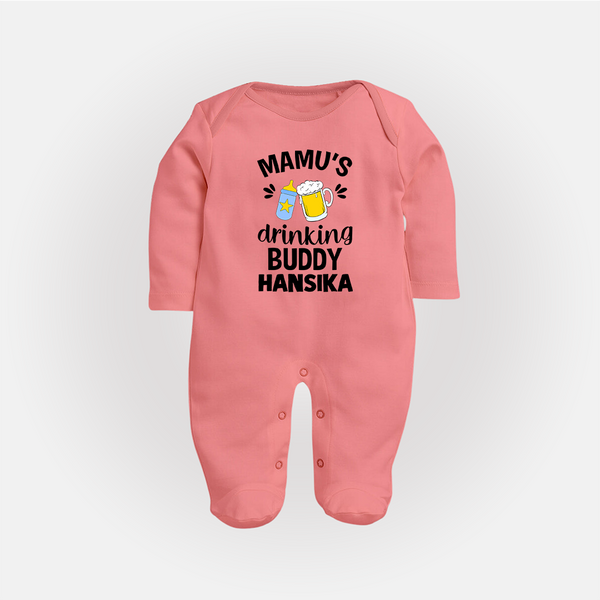 Mamu's Drinking Buddy Sleep Suit / Full Sleeve Body Suit | Personalized Baby Sleep Suit / Full Sleeve Body Suit for Mamu's Sidekick - PEACH - New Born (Chest 7.5")