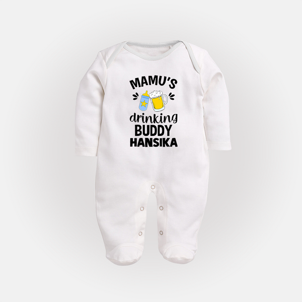 Mamu's Drinking Buddy Sleep Suit / Full Sleeve Body Suit | Personalized Baby Sleep Suit / Full Sleeve Body Suit for Mamu's Sidekick - WHITE - New Born (Chest 7.5")