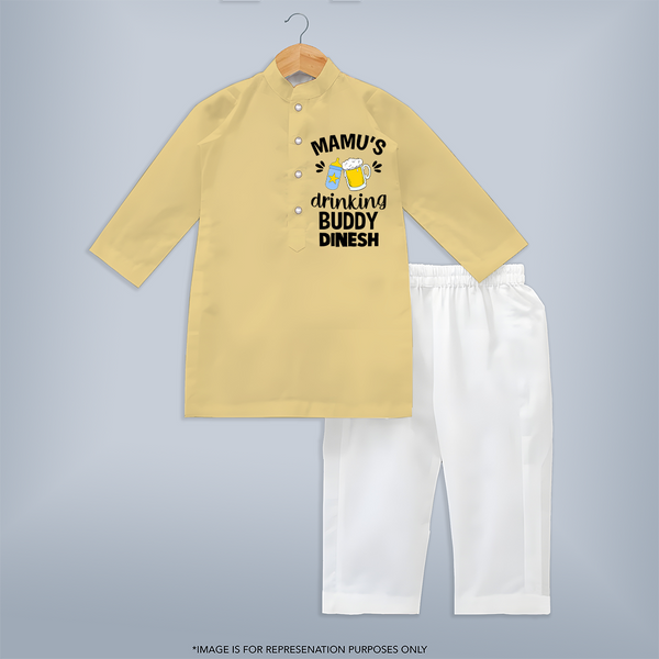 Mamu's Drinking Buddy Kurta Set | Personalized Baby Kurta Set for Mamu's Sidekick - PASTEL YELLOW - 3 - 6 Months Old (Chest 24", Kurta Length 14'', Waist 19", Pant Length 14")