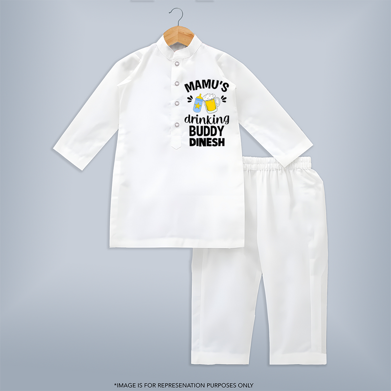 Mamu's Drinking Buddy Kurta Set | Personalized Baby Kurta Set for Mamu's Sidekick - WHITE - 3 - 6 Months Old (Chest 24", Kurta Length 14'', Waist 19", Pant Length 14")