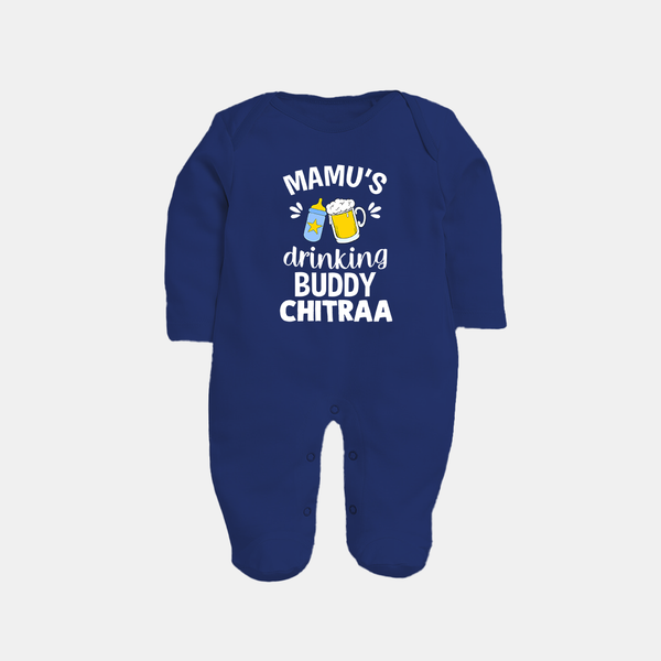 Mamu's Drinking Buddy Sleep Suit / Full Sleeve Body Suit | Personalized Baby Sleep Suit / Full Sleeve Body Suit for Mamu's Sidekick - NAVY BLUE - New Born (Chest 7.5")