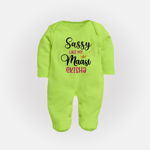 Sassy Like My Massi Sleep Suit / Full Sleeve Body Suit | Personalized Baby Sleep Suit / Full Sleeve Body Suit for Massi's Sassy Kid - LIME GREEN - New Born (Chest 7.5")