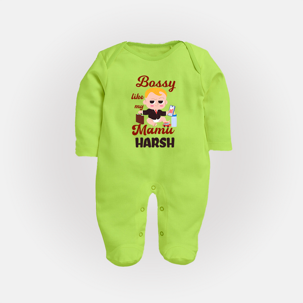 Bossy Like My Mamu Sleep Suit / Full Sleeve Body Suit | Personalized Baby Sleep Suit / Full Sleeve Body Suit for Mamu's Little Boss - LIME GREEN - New Born (Chest 7.5")