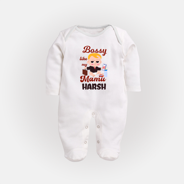 Bossy Like My Mamu Sleep Suit / Full Sleeve Body Suit | Personalized Baby Sleep Suit / Full Sleeve Body Suit for Mamu's Little Boss - WHITE - New Born (Chest 7.5")