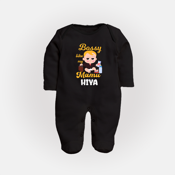 Bossy Like My Mamu Sleep Suit / Full Sleeve Body Suit | Personalized Baby Sleep Suit / Full Sleeve Body Suit for Mamu's Little Boss - BLACK - New Born (Chest 7.5")