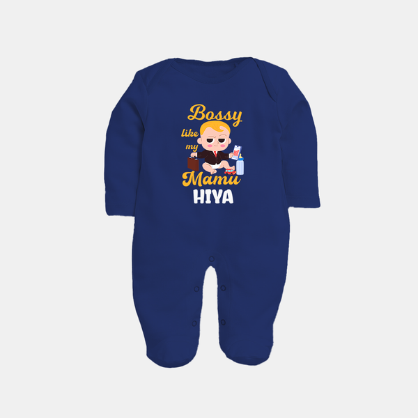 Bossy Like My Mamu Sleep Suit / Full Sleeve Body Suit | Personalized Baby Sleep Suit / Full Sleeve Body Suit for Mamu's Little Boss - NAVY BLUE - New Born (Chest 7.5")