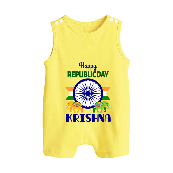 Republic Day Ashoka Chakra Personalised Baby Romper Suit - PASTEL YELLOW - 0 - 5 Months Old (Chest 18")