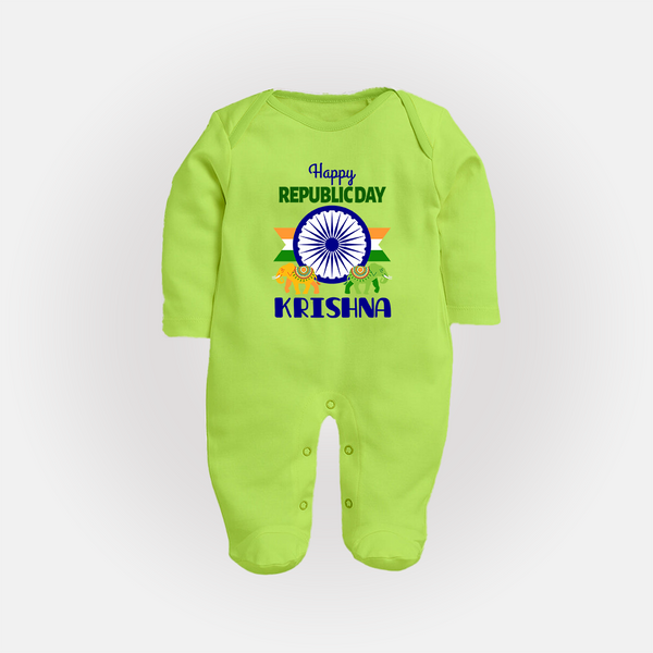 Republic Day Ashoka Chakra Personalised Baby Fullbody Suit - LIME GREEN - New Born (Chest 7.5")