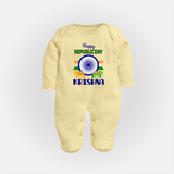 Republic Day Ashoka Chakra Personalised Baby Fullbody Suit - PASTEL YELLOW - New Born (Chest 7.5")