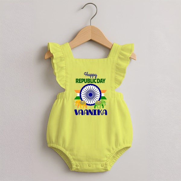 Republic Day Ashoka Chakra Personalised  Romper Frock - PASTEL YELLOW - 0 - 3 Months Old (Chest 19")