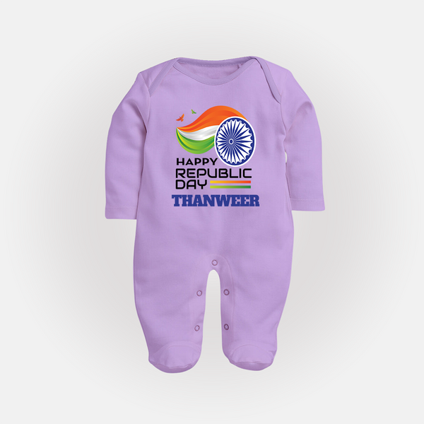 Modern Tricolour Republic Day Personalised Baby Fullbody Suit - LILAC - New Born (Chest 7.5")