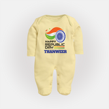 Modern Tricolour Republic Day Personalised Baby Fullbody Suit - PASTEL YELLOW - New Born (Chest 7.5")