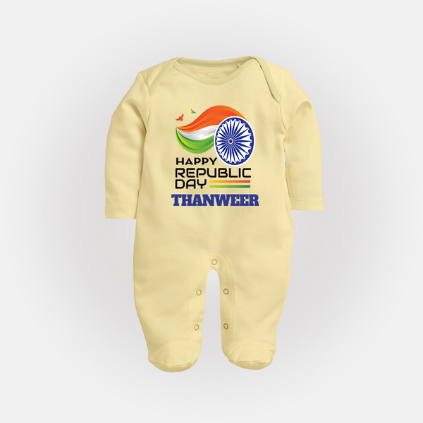 Modern Tricolour Republic Day Personalised Baby Fullbody Suit - PASTEL YELLOW - New Born (Chest 7.5")