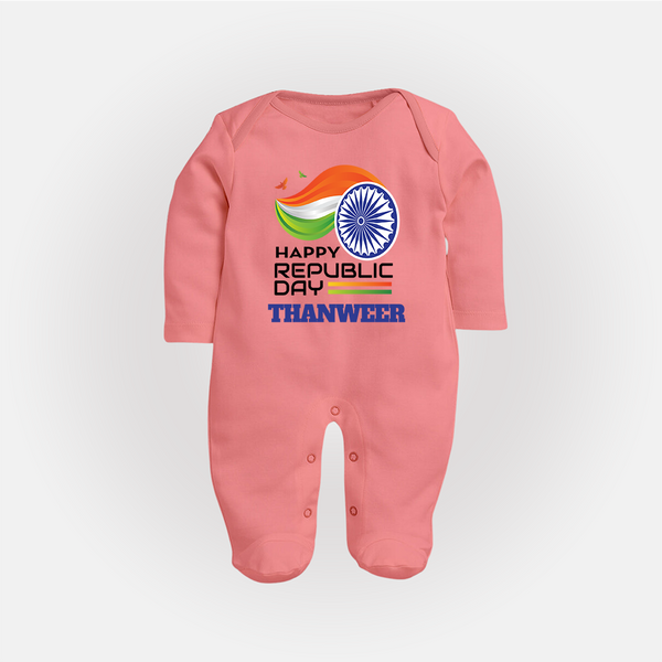 Modern Tricolour Republic Day Personalised Baby Fullbody Suit - PEACH - New Born (Chest 7.5")