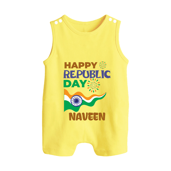 Happy Republic Day Personalised Baby Romper Suit - PASTEL YELLOW - 0 - 5 Months Old (Chest 18")