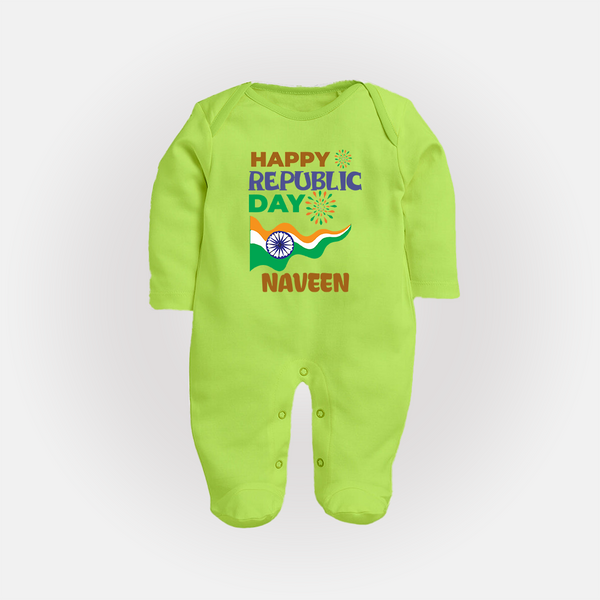 Happy Republic Day Personalised Baby Fullbody Suit - LIME GREEN - New Born (Chest 7.5")