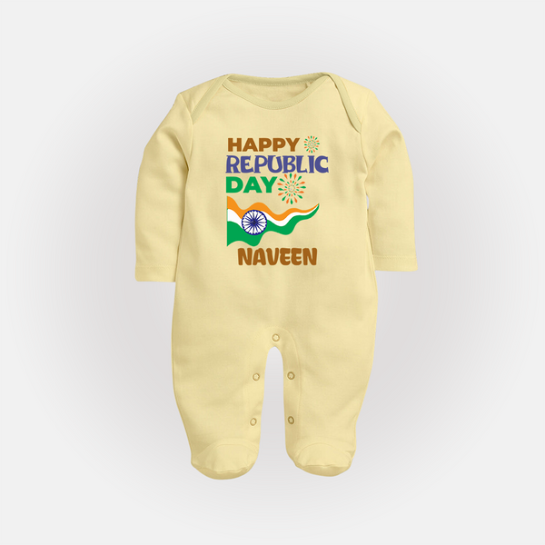 Happy Republic Day Personalised Baby Fullbody Suit - PASTEL YELLOW - New Born (Chest 7.5")