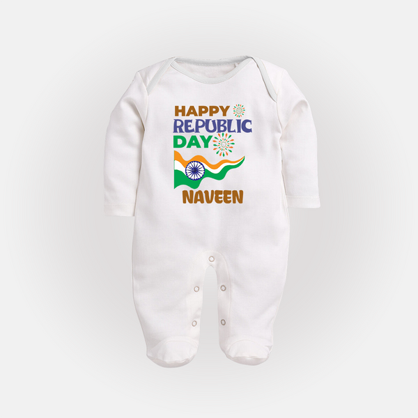 Happy Republic Day Personalised Baby Fullbody Suit - WHITE - New Born (Chest 7.5")