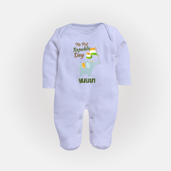 My First Republic Day Elephant Baby Fullbody Suit with Name - BABY BLUE - New Born (Chest 7.5")