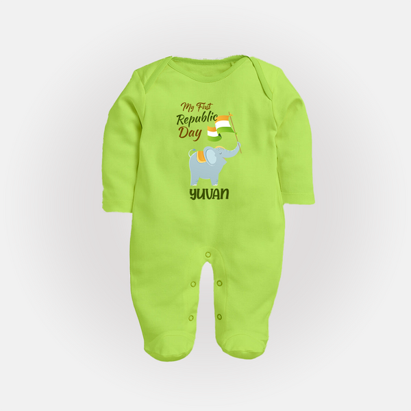 My First Republic Day Elephant Baby Fullbody Suit with Name - LIME GREEN - New Born (Chest 7.5")