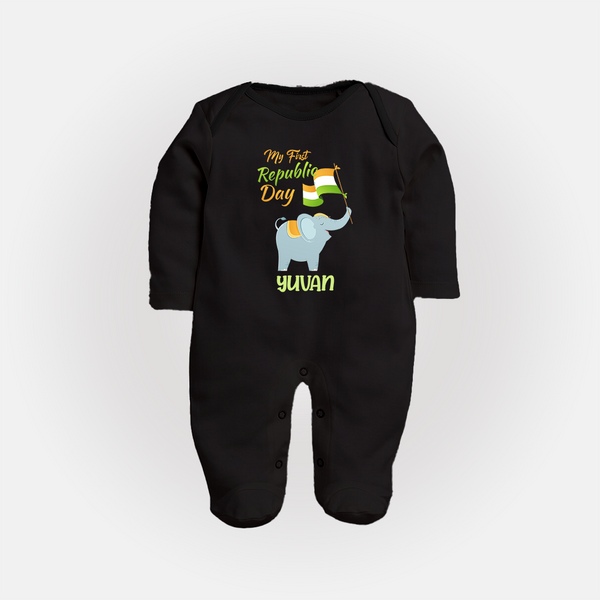 My First Republic Day Elephant Baby Fullbody Suit with Name - BLACK - New Born (Chest 7.5")