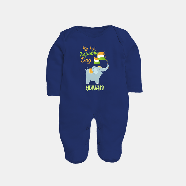 My First Republic Day Elephant Baby Fullbody Suit with Name - NAVY BLUE - New Born (Chest 7.5")