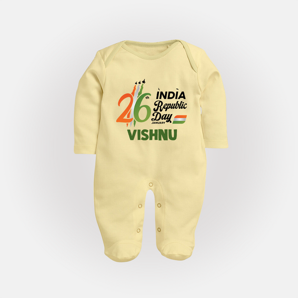 26th January Republic Day Personalised Baby Fullbody Suit - PASTEL YELLOW - New Born (Chest 7.5")