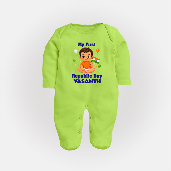 My First Republic Day Cute Baby Illustration Fullbody Suit - LIME GREEN - New Born (Chest 7.5")