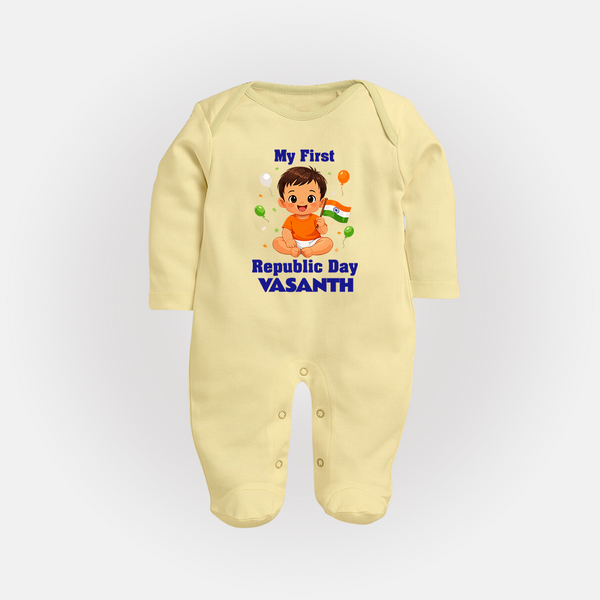 My First Republic Day Cute Baby Illustration Fullbody Suit - PASTEL YELLOW - New Born (Chest 7.5")