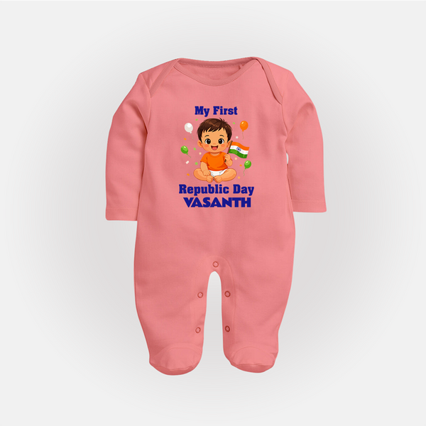 My First Republic Day Cute Baby Illustration Fullbody Suit - PEACH - New Born (Chest 7.5")