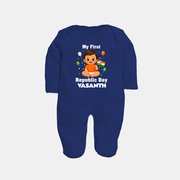 My First Republic Day Cute Baby Illustration Fullbody Suit - NAVY BLUE - New Born (Chest 7.5")