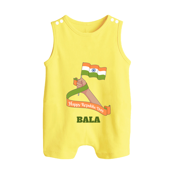Happy Republic Day Patriotic Baby Romper Suit with Name - PASTEL YELLOW - 0 - 5 Months Old (Chest 18")