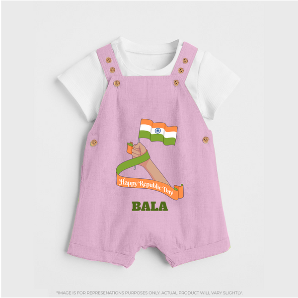 Happy Republic Day Patriotic Kid Dungaree with Name - BABY PINK - 0 - 5 Months Old (Chest 18")