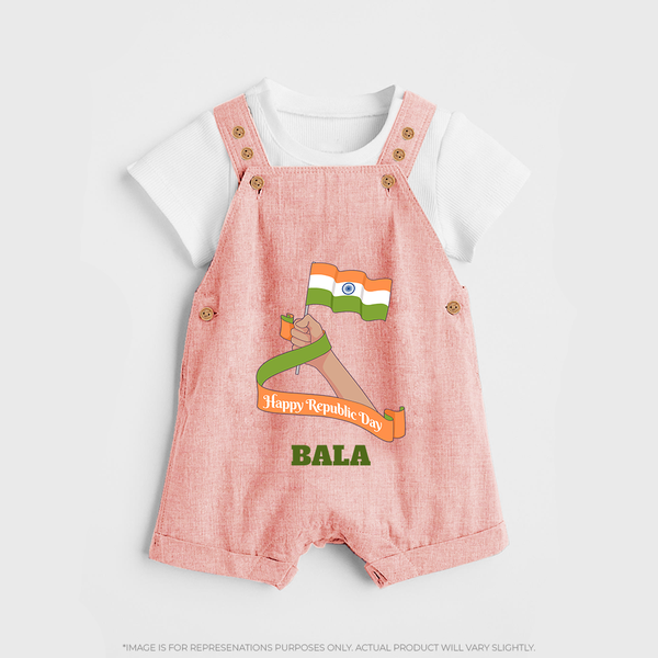 Happy Republic Day Patriotic Kid Dungaree with Name - PEACH - 0 - 5 Months Old (Chest 18")