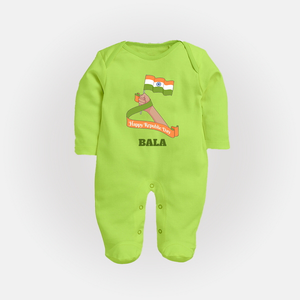 Happy Republic Day Patriotic Baby Fullbody Suit with Name - LIME GREEN - New Born (Chest 7.5")