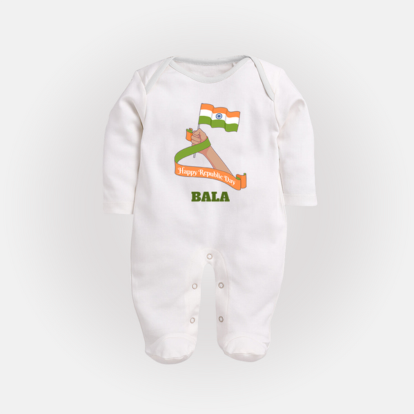 Happy Republic Day Patriotic Baby Fullbody Suit with Name - WHITE - New Born (Chest 7.5")