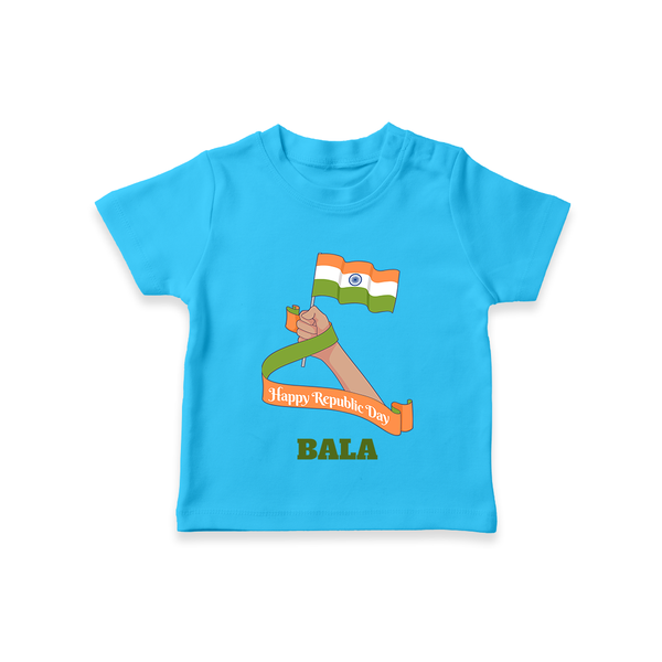 Happy Republic Day Patriotic Kid T-Shirt with Name - SKY BLUE - 0-5 Months Old (Chest 17")
