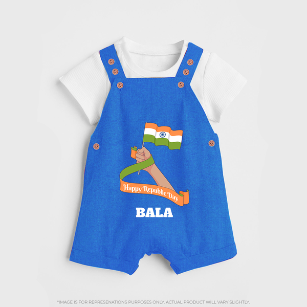 Happy Republic Day Patriotic Kid Dungaree with Name - COBALT BLUE - 0 - 5 Months Old (Chest 18")
