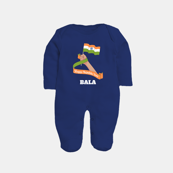 Happy Republic Day Patriotic Baby Fullbody Suit with Name - NAVY BLUE - New Born (Chest 7.5")