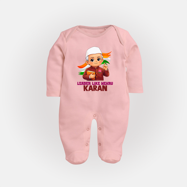 Leader Like Nehru Personalized Fullbody suit - BABY PINK - New Born (Chest 7.5")