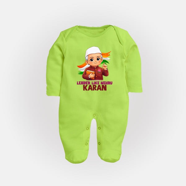 Leader Like Nehru Personalized Fullbody suit - LIME GREEN - New Born (Chest 7.5")