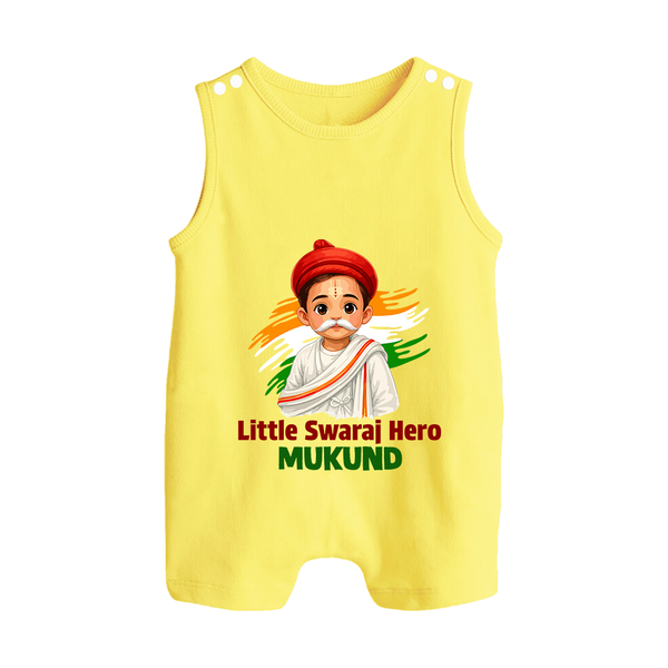 Little Swaraj Hero Personalized Button Romper - PASTEL YELLOW - New Born (Chest 18")