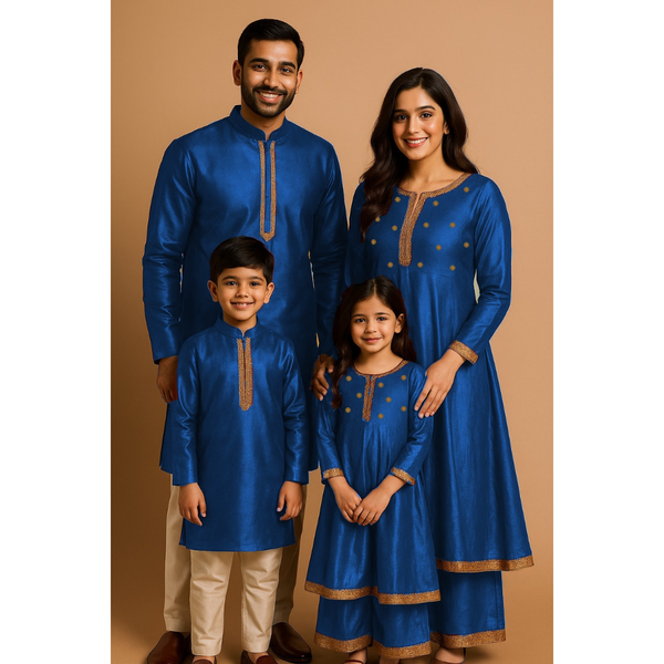 Indian family wearing coordinated raw silk ethnic outfits with golden lace detailing — dad in kurta, mom in Anarkali set, son in kurta, and daughter in frock with palazzo — festive family ethnic wear set.