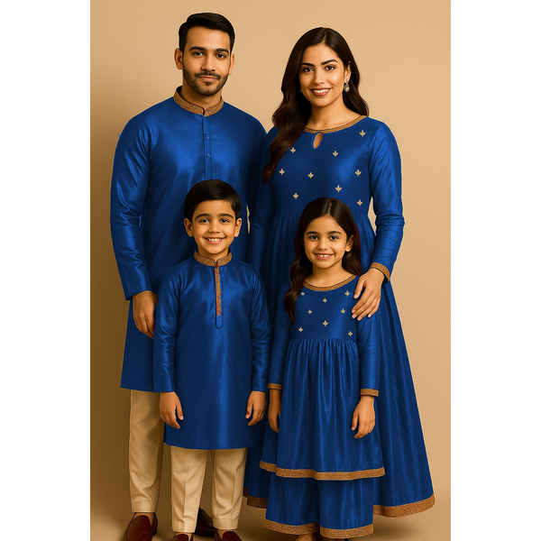 Indian family wearing coordinated raw silk ethnic outfits with golden lace embellishments — dad in kurta, mom in Anarkali set, son in kurta, and daughter in frock — festive family ethnic wear set.