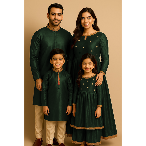 Indian family wearing coordinated raw silk ethnic outfits with golden lace embellishments — dad in kurta, mom in Anarkali set, son in kurta, and daughter in frock — festive family ethnic wear set.
