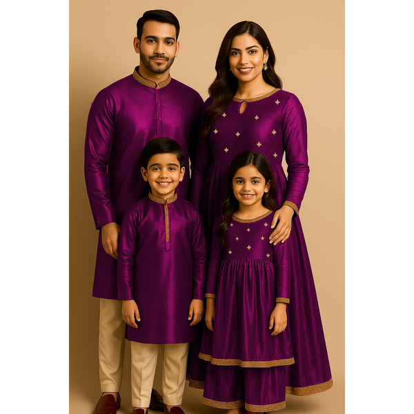 Indian family wearing coordinated raw silk ethnic outfits with golden lace embellishments — dad in kurta, mom in Anarkali set, son in kurta, and daughter in frock — festive family ethnic wear set.