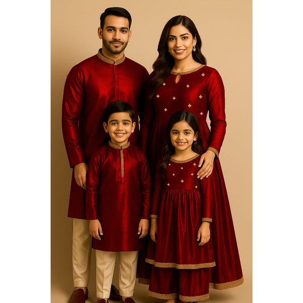 Indian family wearing coordinated raw silk ethnic outfits with golden lace embellishments — dad in kurta, mom in Anarkali set, son in kurta, and daughter in frock — festive family ethnic wear set.